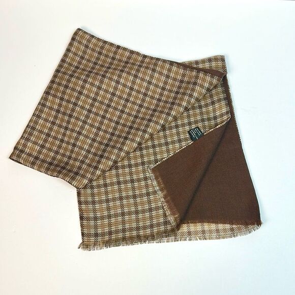 V. Fraas Men's Doubled Scarf Tan Beige Plaid Silk Brown Wool Lining Italy made